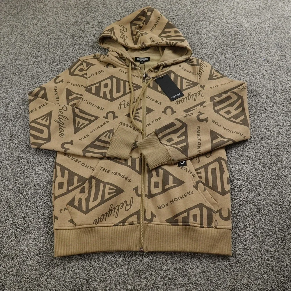 NEW True‎ Religion Hoodie Mens S Beige Horseshoe Logo Full Zip Sweatshirt Jacket